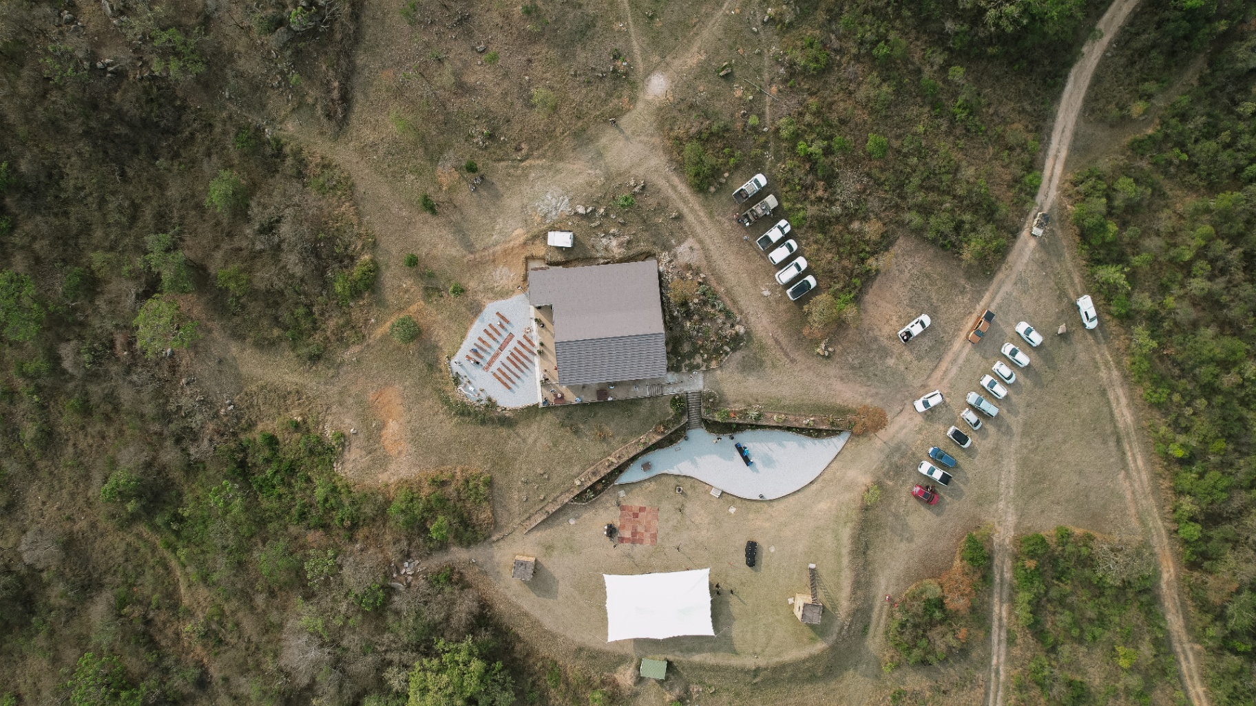 Aerial view of The Knot & Barrel venue, parking and ceremony space