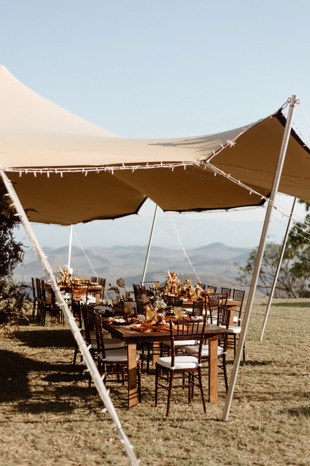 Stretch tent set up on the grassy ridge