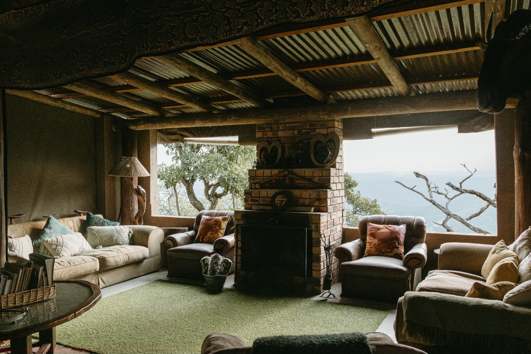 Wide view of the lounge and fireplace