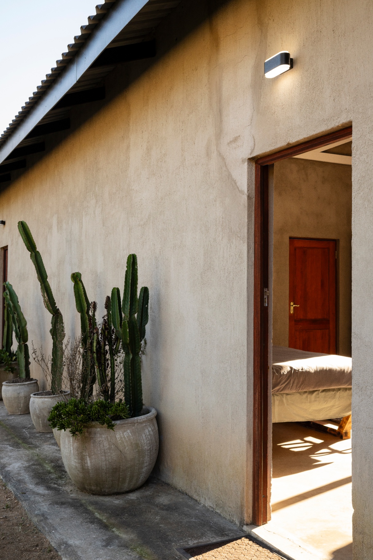 Stone building with potted cactus plants