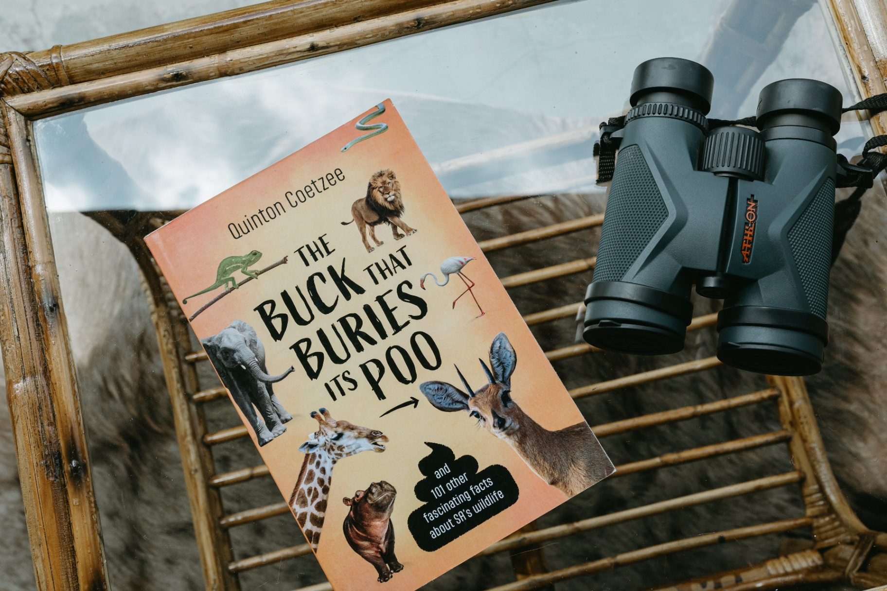 Wildlife book and binoculars on the veranda
