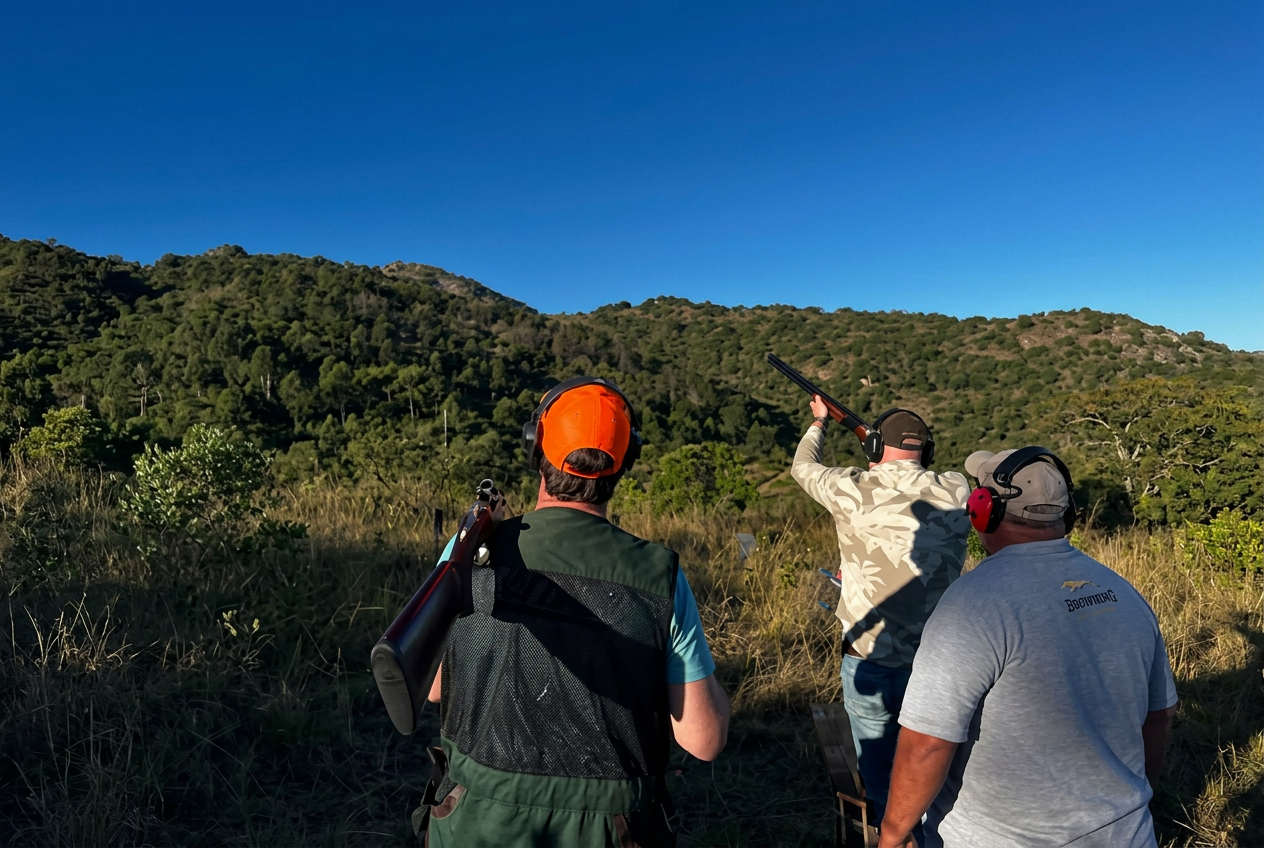 Two shooters tracking a clay at golden hour on a Gold Valley stand
