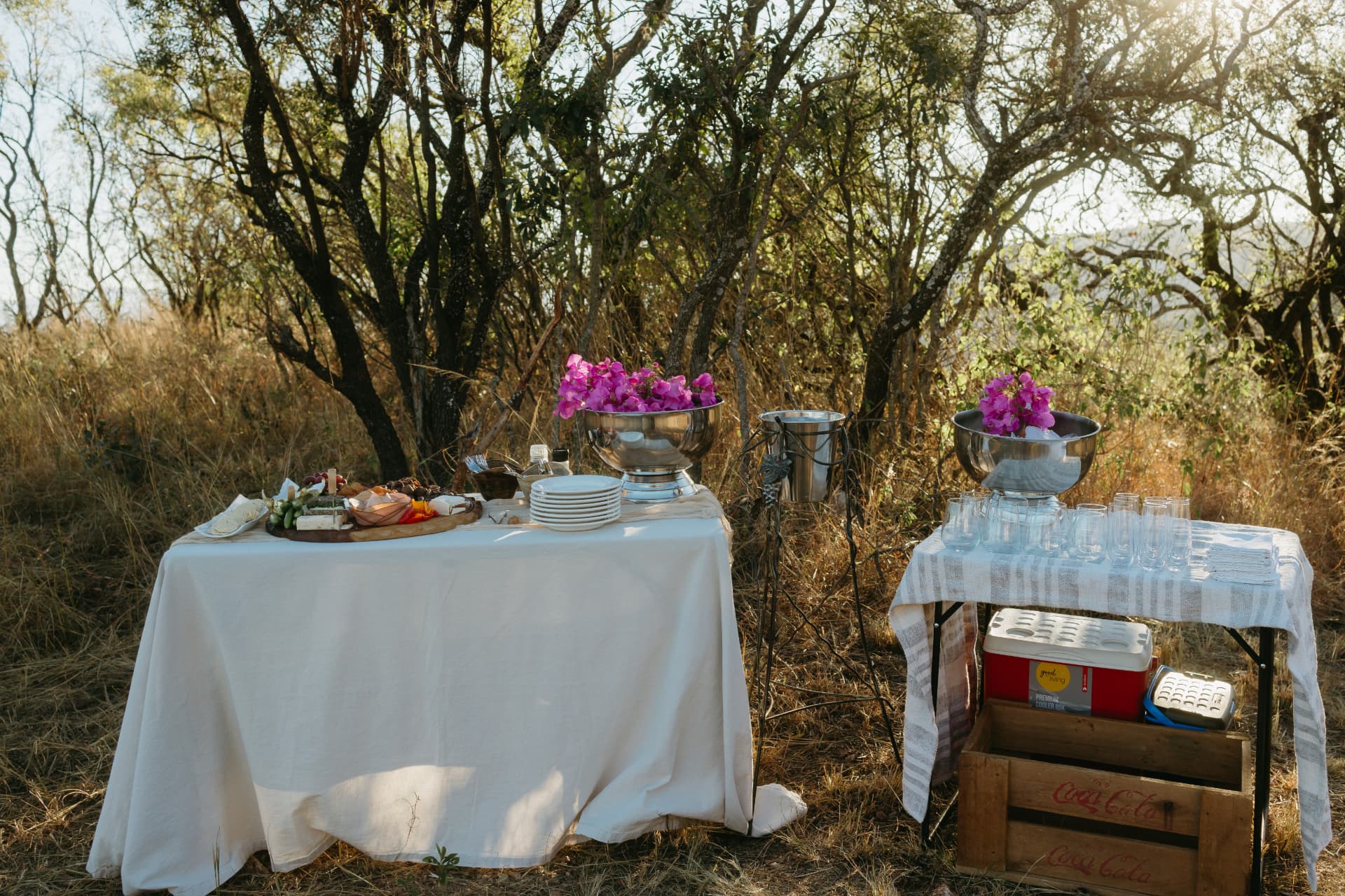 Bush sundowner table set under the trees